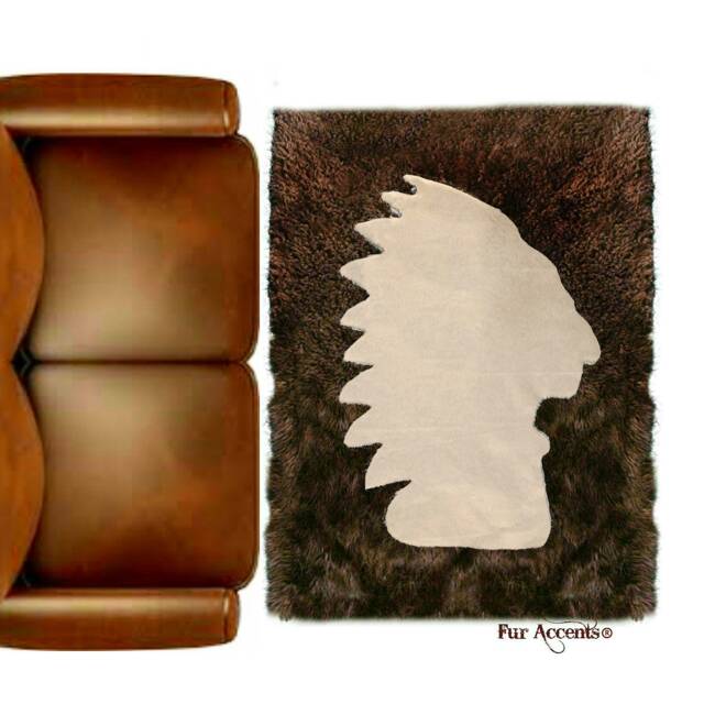 Faux Fur Area Rug - American Indian Head Art, Hand Sewn - image 1
