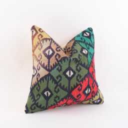 Vintage Turkish Kilim Pillow Cover, Handwoven Wool, 16x16 - thumbnail 3