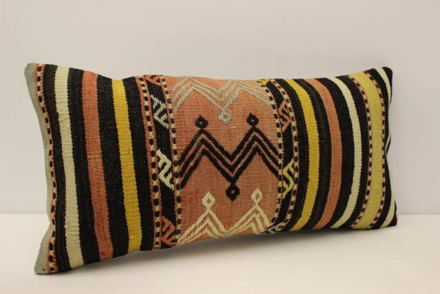 Boho Lumbar Kilim Pillow Cover, Vintage Turkish Rug - 12x24 Inch - image 1
