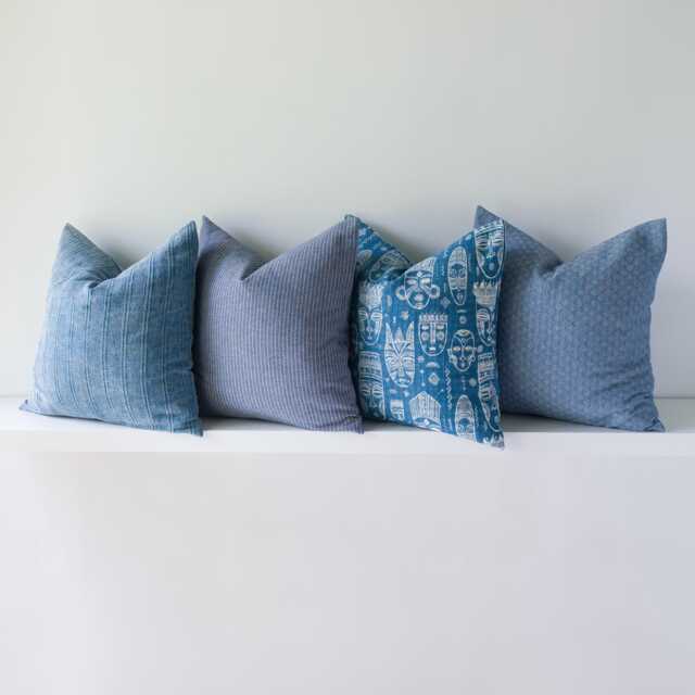 Blue & White Throw Pillow Cover Set, Aztec, Striped, Cotton Linen - 20x20 In - image 1