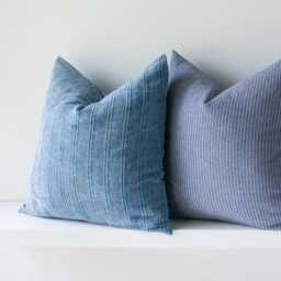 Blue & White Throw Pillow Cover Set, Aztec, Striped, Cotton Linen - 20x20 In - thumbnail 2