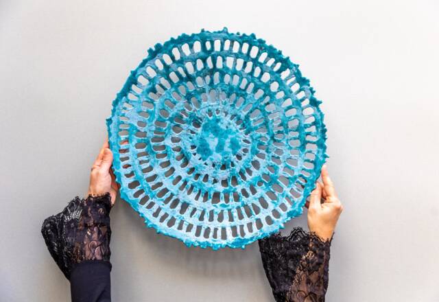 Handmade Turquoise Porcelain Bowl, Openwork Ceramic Art - 19 In - image 1