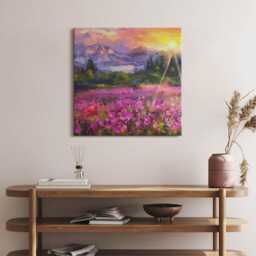 Meadow in Sunset Canvas, Picture Wall Hanging, Purple Decor, Abstraction Canvas Print - thumbnail 3