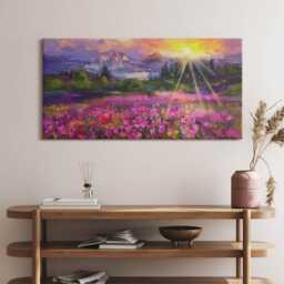 Meadow in Sunset Canvas, Picture Wall Hanging, Purple Decor, Abstraction Canvas Print - thumbnail 1