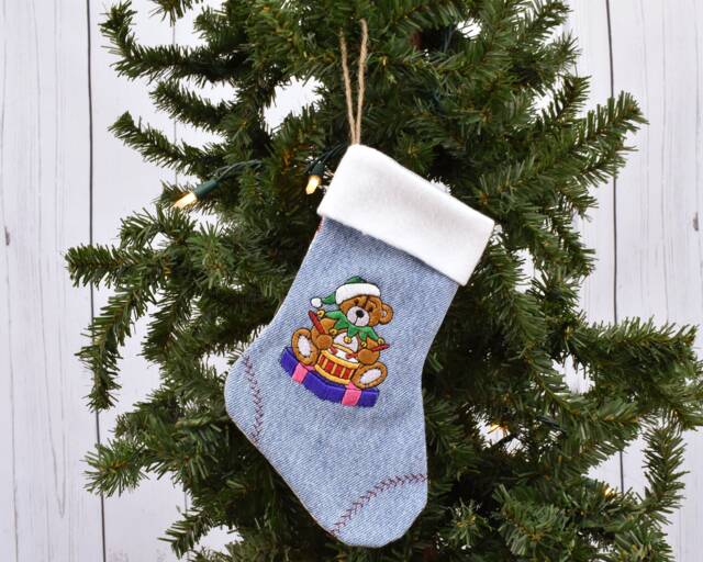 Embroidered Denim Christmas Stocking Country Style Bear Decor - image 1