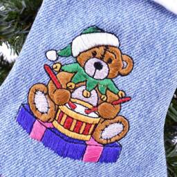 Embroidered Denim Christmas Stocking Country Style Bear Decor - thumbnail 2