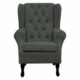 Grey Buttoned Handmade Wingback Armchair - Fireside Accent Upholstered Chair Plush Fabric British Custom Made - thumbnail 2