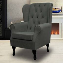 Grey Buttoned Handmade Wingback Armchair - Fireside Accent Upholstered Chair Plush Fabric British Custom Made - thumbnail 1