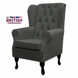 Grey Buttoned Handmade Wingback Armchair - Fireside Accent Upholstered Chair Plush Fabric British Custom Made - thumbnail 3