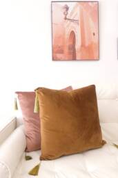 Brown Yellow Pink Velvet Throw Pillow - Free Insert Cushion Included - thumbnail 1