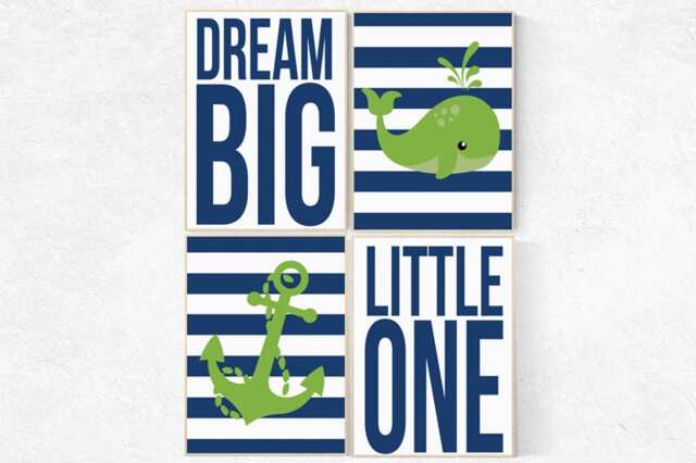 Nautical Nursery Art Print Set Whale, Anchor, Chevron, Navy Blue - image 1