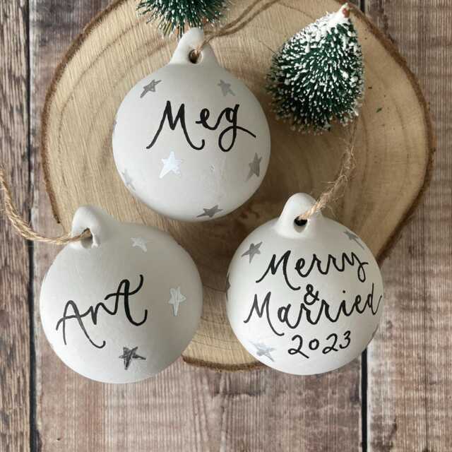 Personalised Ceramic Christmas Bauble, Hand Painted Name Ornament, Tree Decoration, Silver Star Decoration - image 1