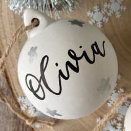 Personalised Ceramic Christmas Bauble, Hand Painted Name Ornament, Tree Decoration, Silver Star Decoration - thumbnail 2