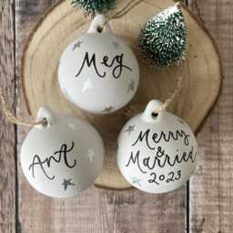 Personalised Ceramic Christmas Bauble, Hand Painted Name Ornament, Tree Decoration, Silver Star Decoration