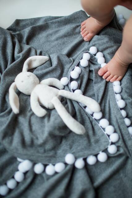 Pom Pom Blanket, Dark Grey Baby Gray Nursery Home Decor, Baby Shower Gift, Godmother Swaddling Blanket - image 1