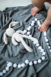 Pom Pom Blanket, Dark Grey Baby Gray Nursery Home Decor, Baby Shower Gift, Godmother Swaddling Blanket - thumbnail 1