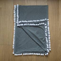 Pom Pom Blanket, Dark Grey Baby Gray Nursery Home Decor, Baby Shower Gift, Godmother Swaddling Blanket - thumbnail 3