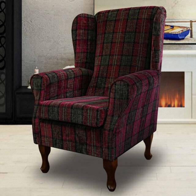 Handmade Red Tartan Wingback Chair Fireside Plaid Accent Chair - image 1