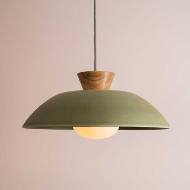 Green Xl Dawn Pendant Light in Ceramic & Oak - image 1