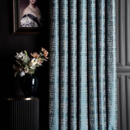 Turquoise Striped Curtain, Luxury Custom Drapes For Bedroom & Living Room, Black - Navy Blue Orange Color Curtains - thumbnail 2