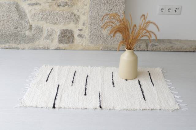 Small Cream & Black Rug, Bathroom Bedside Geometric Bohemian Shower Unique Scandinavian Contemporary - image 1