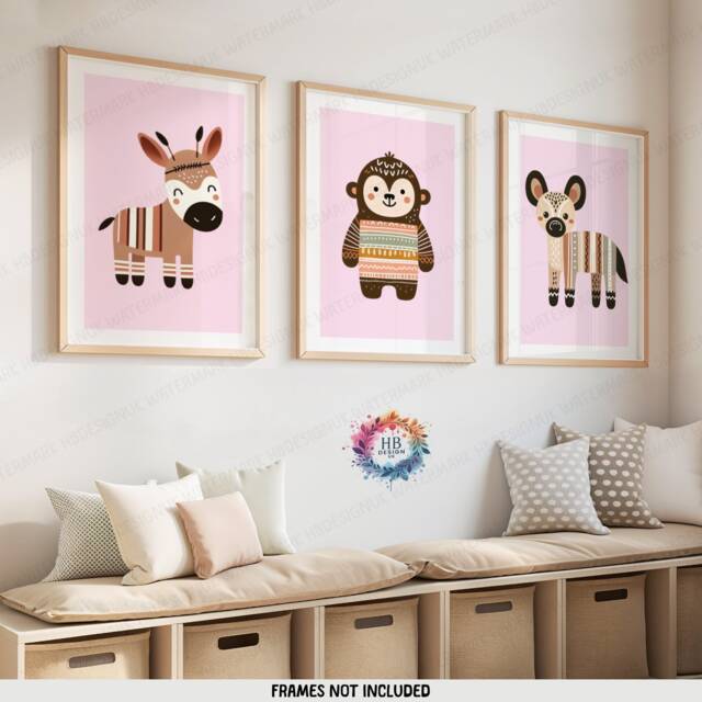 Safari Nursery Wall Art - Set Of 3 Boho Prints - Kids Playroom Posters Cute Animal Designs Pink Coloured Decor Boys Girls Bedroom - image 1