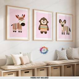 Safari Nursery Wall Art - Set Of 3 Boho Prints - Kids Playroom Posters Cute Animal Designs Pink Coloured Decor Boys Girls Bedroom - thumbnail 1