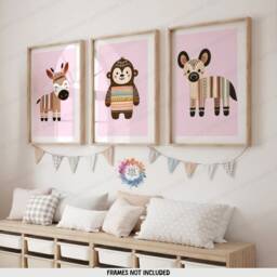 Safari Nursery Wall Art - Set Of 3 Boho Prints - Kids Playroom Posters Cute Animal Designs Pink Coloured Decor Boys Girls Bedroom - thumbnail 2