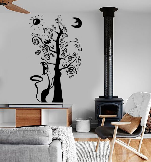 Wall Vinyl Decal Fairytale Tree Moon Sun Cat Birds Nursery Children Decor 1364Dz - image 1
