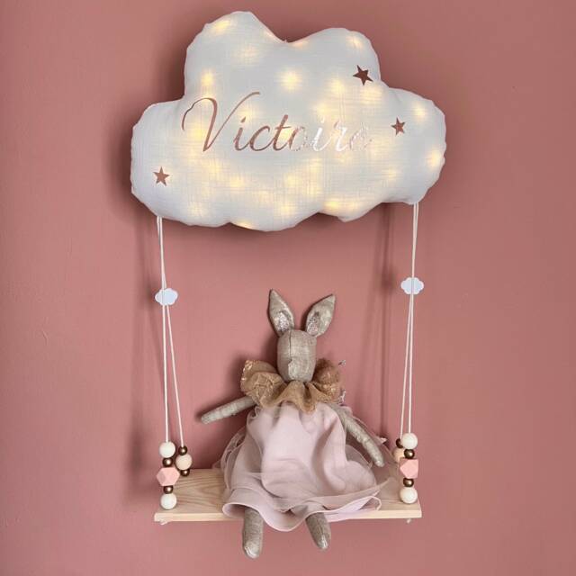 10 Colors - Pretty Customizable Linen Cloud Nightlight & Its Wooden Swing Shelf - image 1