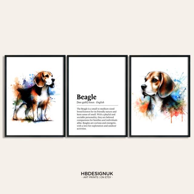 Beagle Dog Prints - Set Of 3 Posters - Watercolor Definition Wall Art Colourful Painting Room Decor Pet Artwork Gift Dogs - image 1