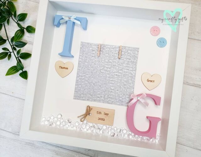 Personalised Twins Photo Box Frame, Engraved Nursery Wall Art, Christening Gift - image 1