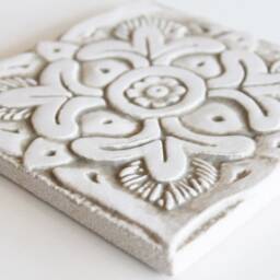 Wall Decor With Suzani Design, Ceramic Art, , Artistic Tiles, Hand Painted Tile, Art Collection, #1 15cm Beige & White - thumbnail 2