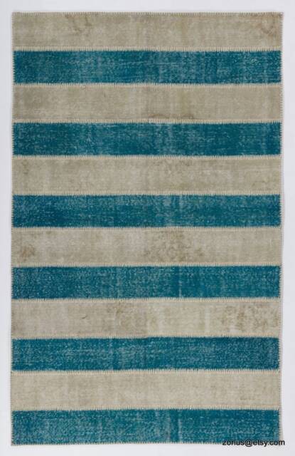 Handmade Turkish Patchwork Rug, Turquoise & Beige - image 1