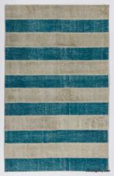 Handmade Turkish Patchwork Rug, Turquoise & Beige - thumbnail 1