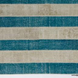 Handmade Turkish Patchwork Rug, Turquoise & Beige - thumbnail 3