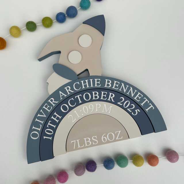Personalised Wooden Space Rocket Rainbow Engraved Newborn Nursery Decor - image 1