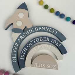 Personalised Wooden Space Rocket Rainbow Engraved Newborn Nursery Decor - thumbnail 2