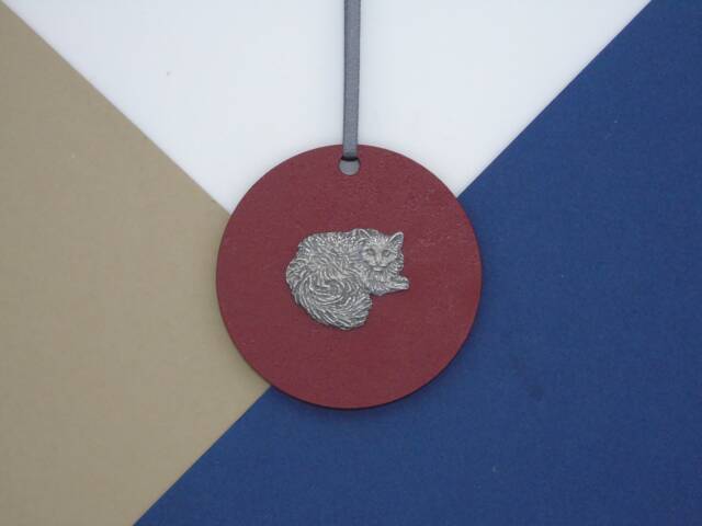 Cat Hanging Wooden Disk Decoration - Long Haired Mum Christmas Tree Ornament Owner Unique Decor - image 1
