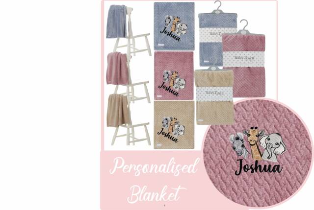 Personalised Embroidered Baby New Waffle 3 Safari Zebra Giraffe Elephant Blankets 90cm 6 Colors Super Soft - image 1