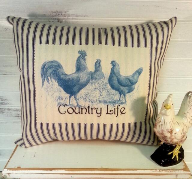 French Country Rooster & Hen Throw Pillow With Blue White Ticking Fabric, Farmhouse D??cor , Handmade in The Usa