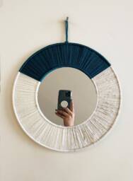 Teal & Beige Macrame Mirror, Boho Yarn Wall Hanging