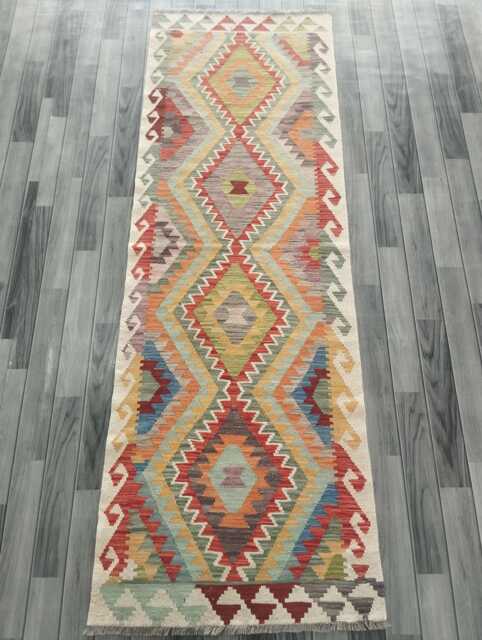 Multicolour Wool Runner, Handmade Artisan Afghan Turkish Persian Qashqai Moroccan Navajo Flatweave, Natural Kilim Rug 241x80 cm - image 1