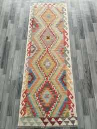 Multicolour Wool Runner, Handmade Artisan Afghan Turkish Persian Qashqai Moroccan Navajo Flatweave, Natural Kilim Rug 241x80 cm - thumbnail 1