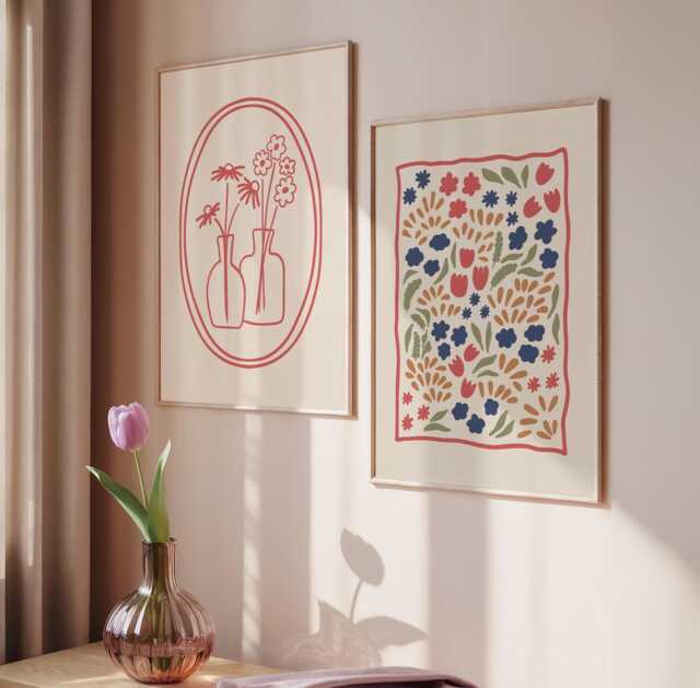 Set Of 2 Floral Prints - Typography Boho Poster Matching Posters Decor Muted Colours - image 1