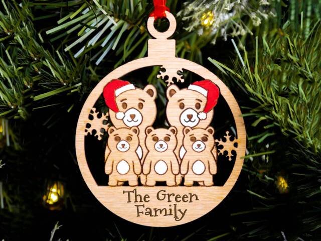 Same Sex Lgbt Bear Family Christmas Tree Decoration, Personalised Wood Engraved Bauble, Stocking Stuffer, Gay Parents Men's Kids Of 5 - image 1