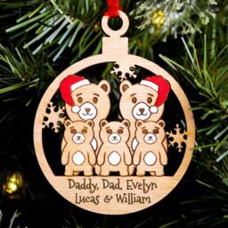 Same Sex Lgbt Bear Family Christmas Tree Decoration, Personalised Wood Engraved Bauble, Stocking Stuffer, Gay Parents Men's Kids Of 5 - thumbnail 3