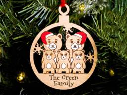 Same Sex Lgbt Bear Family Christmas Tree Decoration, Personalised Wood Engraved Bauble, Stocking Stuffer, Gay Parents Men's Kids Of 5 - thumbnail 1