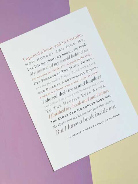 I Opened A Book Poem By Julia Donaldson, Book Lover Gift, Bookworm Reading Quote Print - image 1