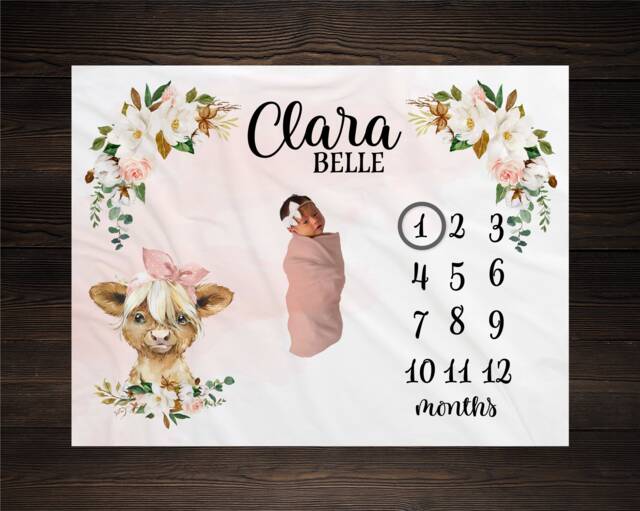 Floral Cow Milestone Blanket Personalized Monthly Growth Tracker Custom Baby Shower Gift Newborn Farm Nursery - image 1
